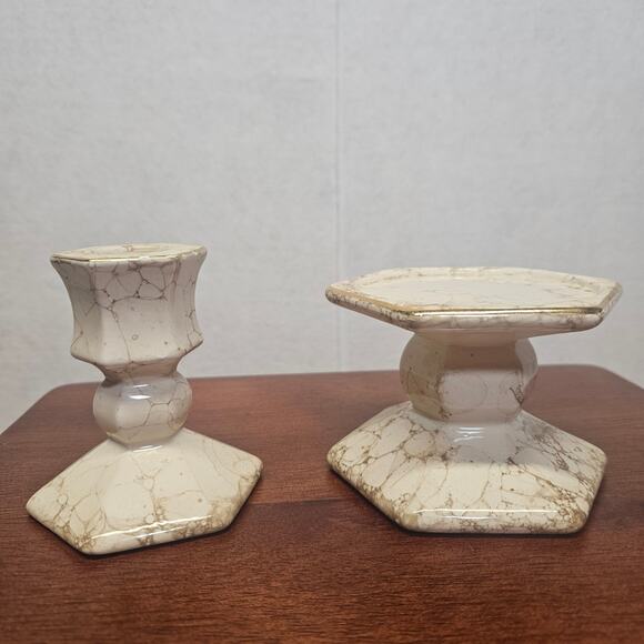 Vintage 90s PartyLite Ivory Crackle Pillar Candle Holder Set of 2 - Cream - Picture 1 of 7